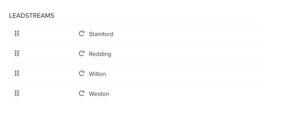 A list headed LEADSTREAMS with four towns: Stamford, Redding, Wilton, Weston.